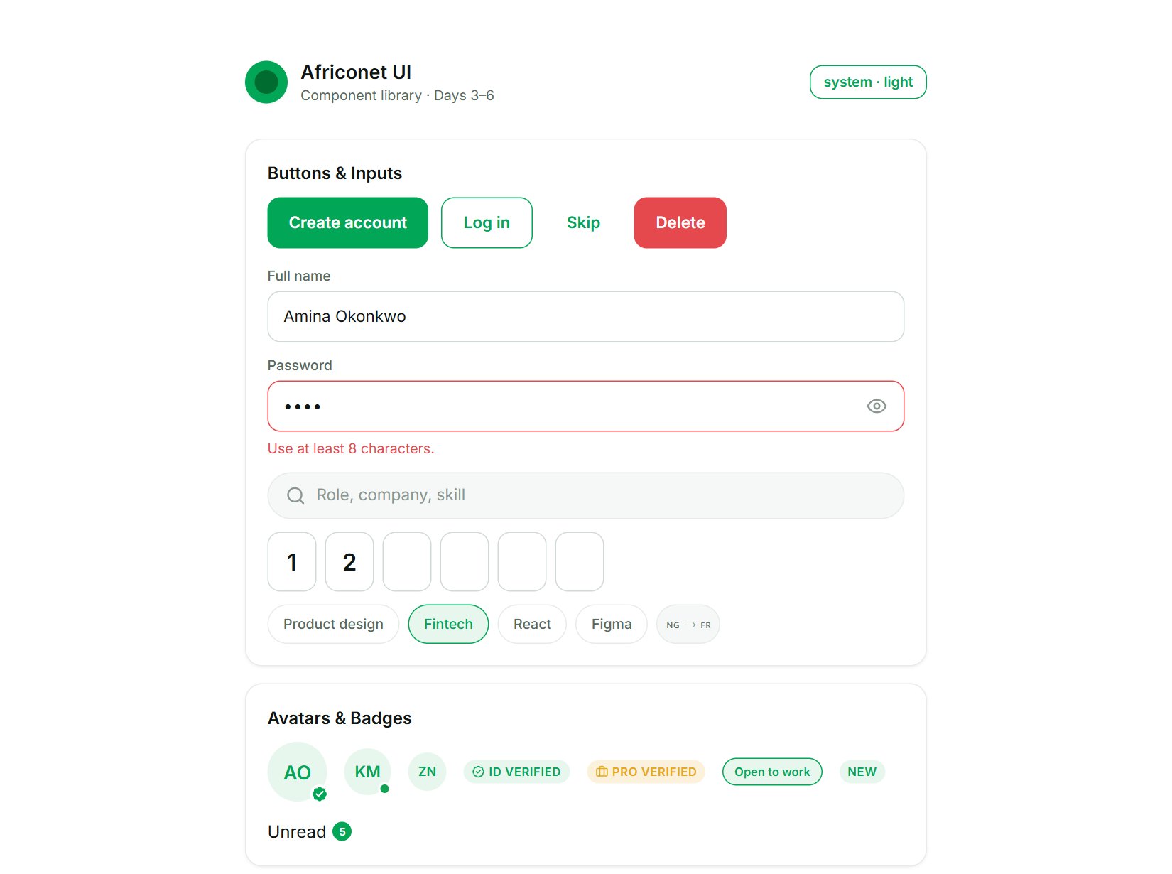 Africonet — the UI component library (early stage)