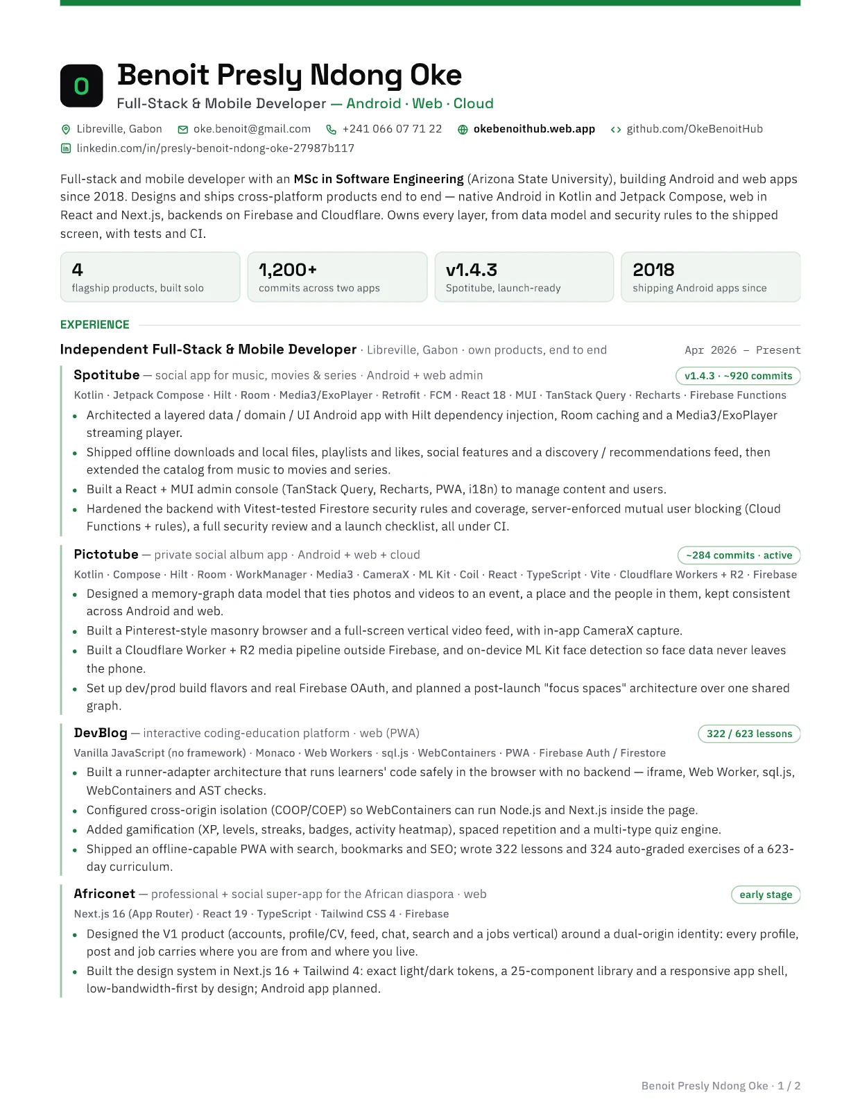 CV — USA (English · US Letter), page 1 / 2
